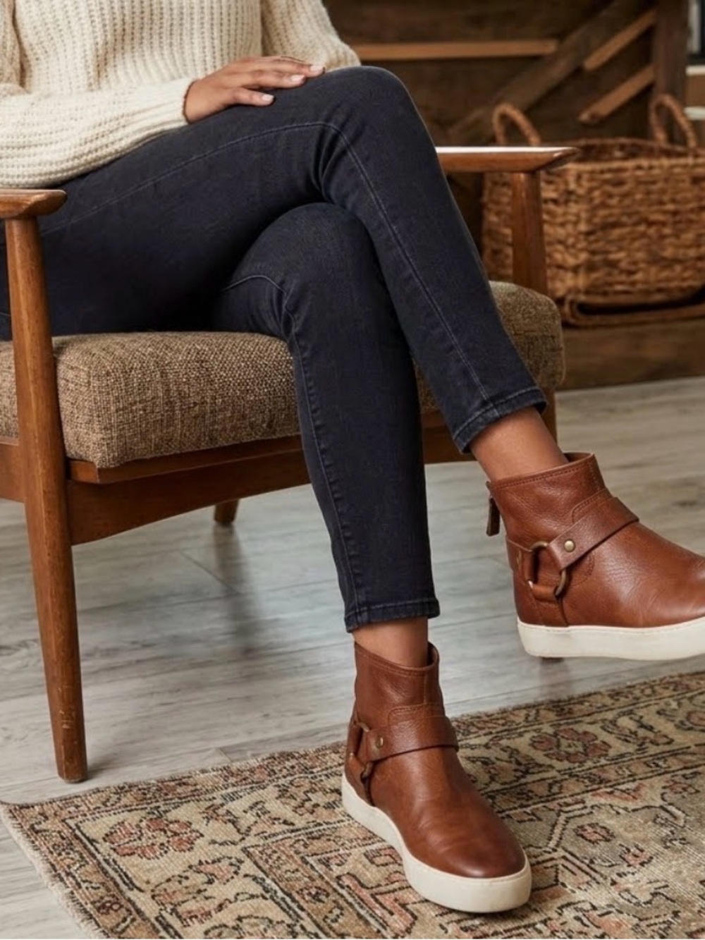Frye Lena Motorcycle Cognac Brown Leather Ankle Booties with Strap